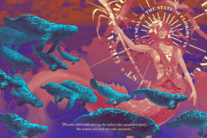 Digital Collage of a misc images. A mermaid presiding over a heard of manatees.